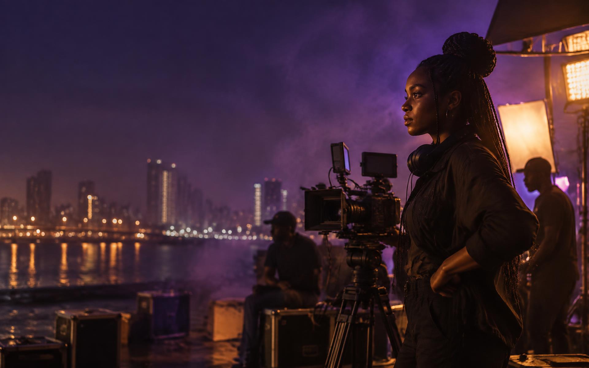 An African film director on a cinematic night production set